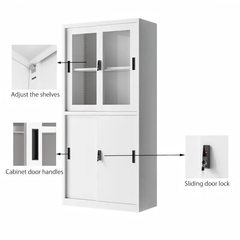 Sliding Four-Door Steel and Glass Filing Cabinet+Detail