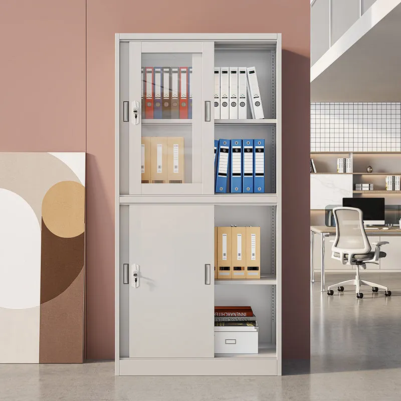 Sliding Four-Door Steel and Glass Filing Cabinet+Application