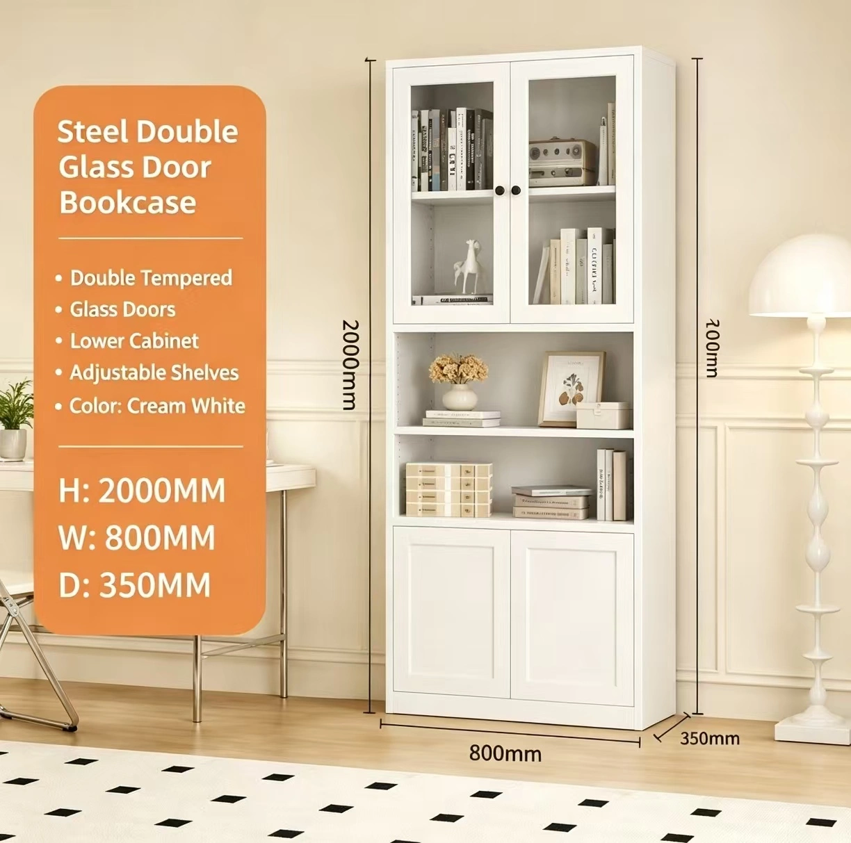 Steel Double Glass Door Bookcase