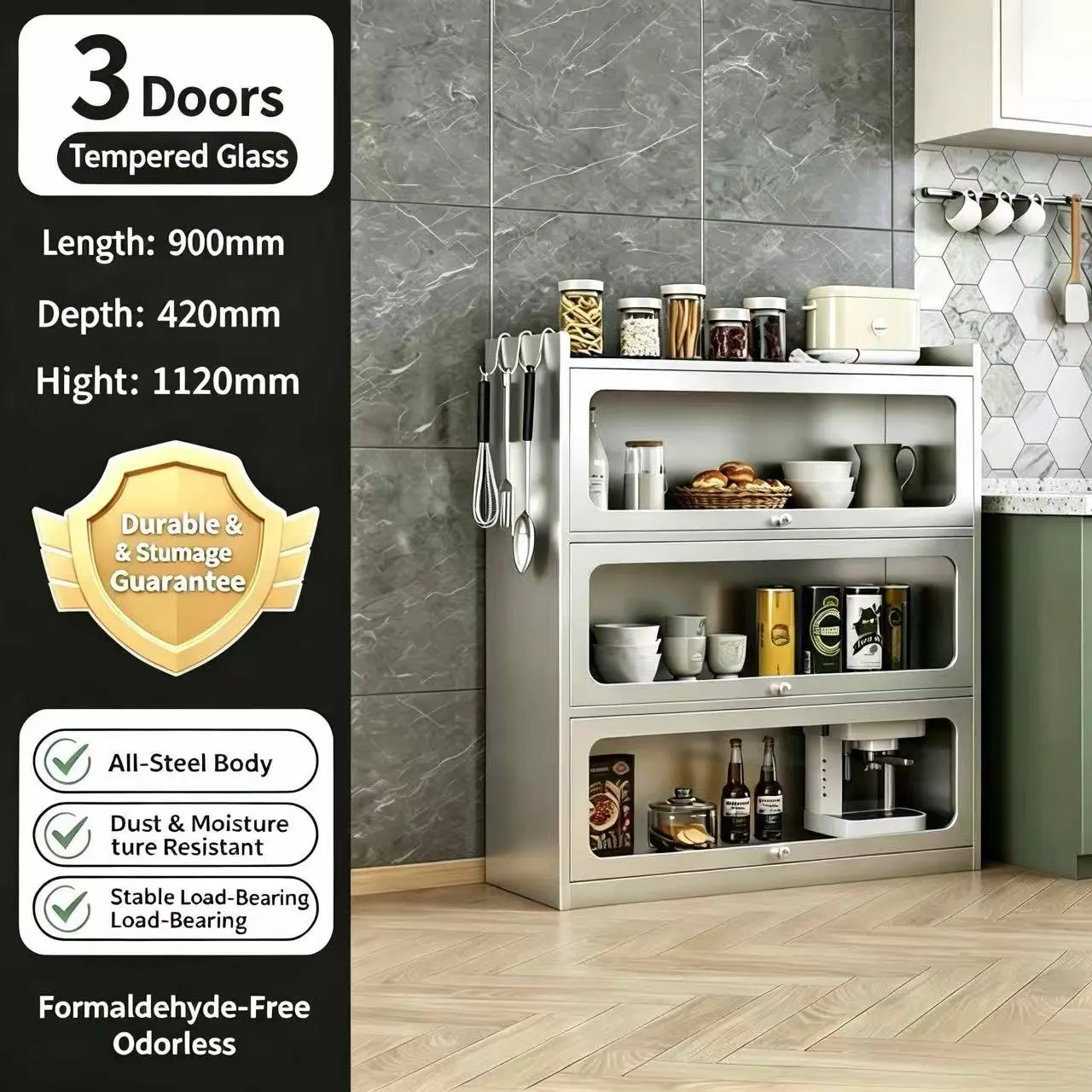 Stainless steel 3-door flip-top cabinet+Details